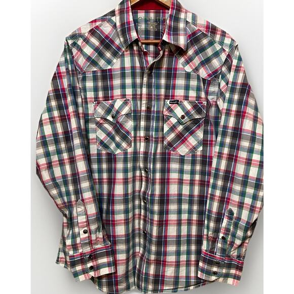 Wrangler Twenty X Shirt Pearl Snaps Mens Size Lg Multicolor Pink Yellowstone - Picture 8 of 13